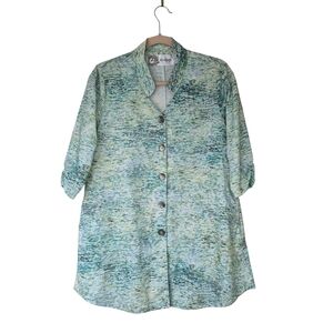Diane Kennedy Cotton Green & Blue Tunic Top Button Front 1/2 Sleeve